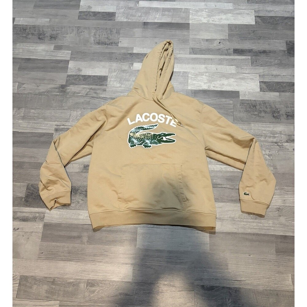 Lacoste Men's Big Croc Logo Pullover Hoodie Tan Green White mens XL